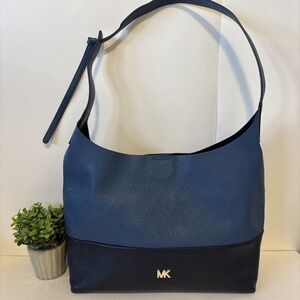 Michael Kors Junie Two Tone Blue Navy Med Large Hobo Shoulder Bag Dark Chambray